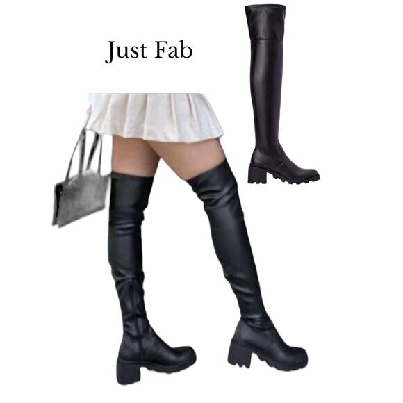 NWT JF Just Fab Boots Women's Over-The-Knee Chunky Heel Y2K SZ 6 Black Jordane - Picture 1 of 13